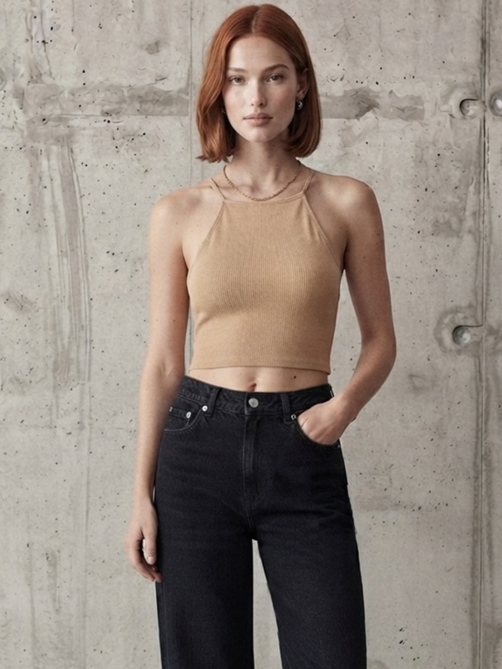 Zara Beige Ribbed Halter Crop Tank Top Size Large